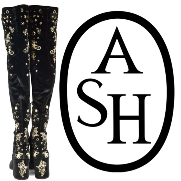 Ash Shoes - ASH Eros Black Velvet Star Over the Knee Boots